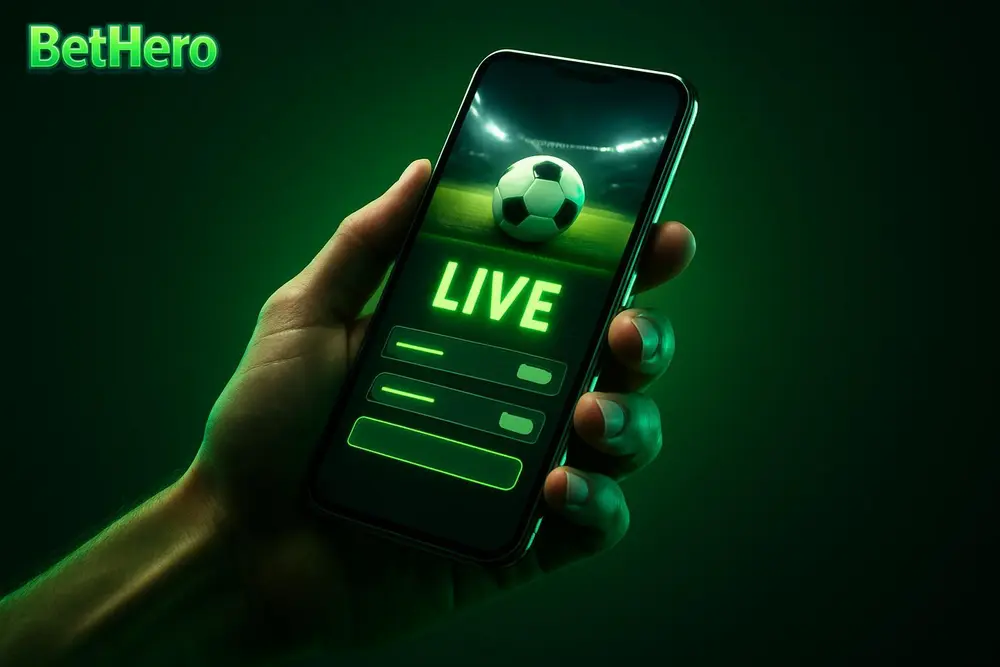 BetHero app download — a hand holding a phone with a live sports betting screen
