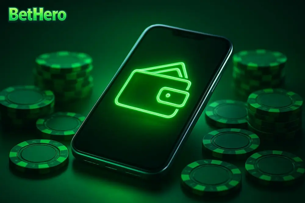 BetHero bKash deposit — a glowing smartphone with mobile-wallet icons surrounded by poker chips