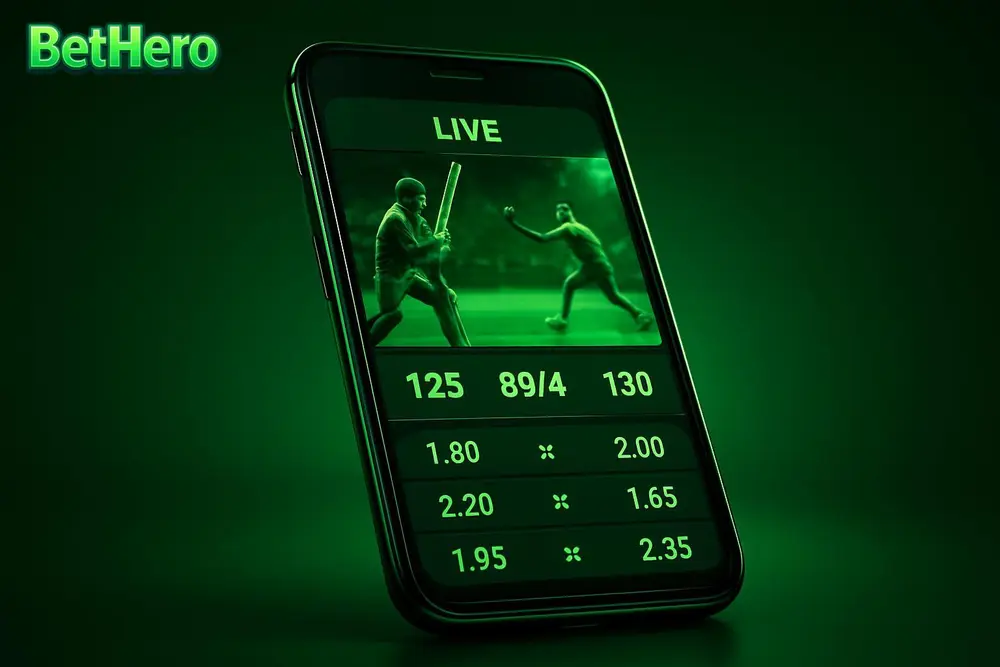 BetHero cricket betting — a smartphone showing a live cricket score and betting odds screen