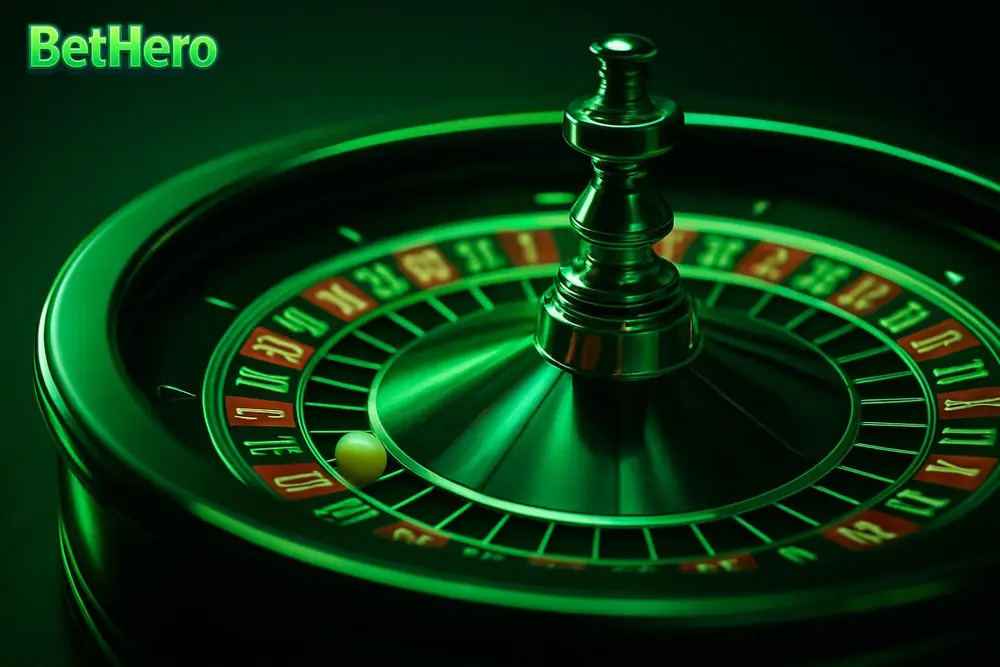 BetHero live casino — a roulette wheel spinning under bright studio lights