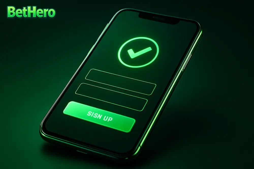 BetHero sign up — a smartphone showing a simple account creation form with a checkmark